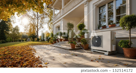 Modern white mansion with heat pump and lush autumn landscape featuring vibrant foliage and sunlit stone patio Modern white mansion with heat pump and lush autumn landscape featuring vibrant foliage and sunlit stone patio 132514172