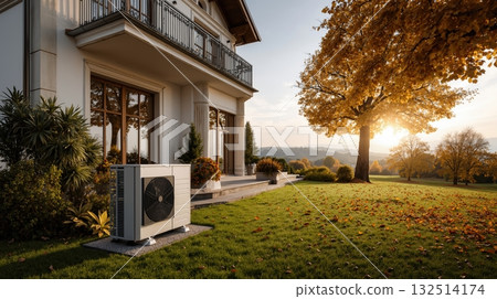 Modern home with air source heat pump in autumn landscape at sunset 132514174