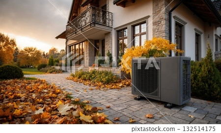 Modern heat pump beside elegant stone house in autumn setting Modern heat pump beside elegant stone house in autumn setting 132514175