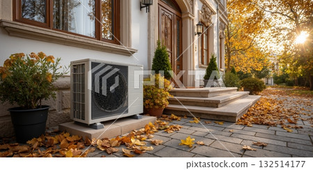 Autumn outdoor heat pump next to elegant house entrance amidst fall foliage Autumn outdoor heat pump next to elegant house entrance amidst fall foliage 132514177