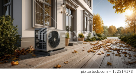 Modern heat pump unit on wooden deck with autumn leaves in front of elegant house at sunset with warm natural light Modern heat pump unit on wooden deck with autumn leaves in front of elegant house at sunset with warm natural light 132514178