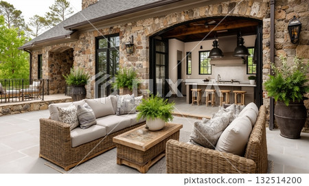 Elegant rustic outdoor patio with wicker furniture and stone walls in a luxurious country home with open-air kitchen Elegant rustic outdoor patio with wicker furniture and stone walls in a luxurious country home with open-air kitchen 132514200