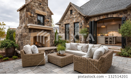 Rustic stone patio with cozy fireplace and wicker furniture Rustic stone patio with cozy fireplace and wicker furniture 132514201