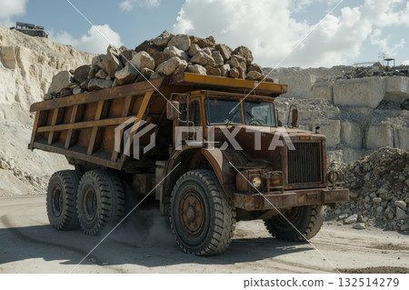 Massive dump truck loaded with rocks in a quarry under a clear sky 132514279