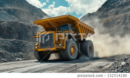 Gigantic yellow dump truck navigates rocky terrain in open-pit mine under blue sky 132514280