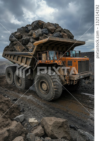 Massive dump truck carries large boulders in rugged quarry under cloudy sky Massive dump truck carries large boulders in rugged quarry under cloudy sky 132514292