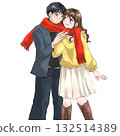 冬季約會：一對情侶共享紅色圍巾的插圖 132514389