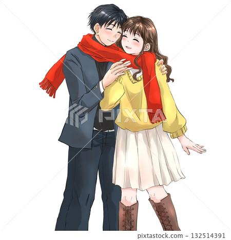 Winter date: Illustration of a couple sharing a red scarf Winter date: Illustration of a couple sharing a red scarf 132514391