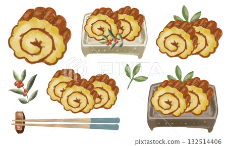 一幅水彩畫描繪了新年主食伊達卷、筷子和南天竹葉 一幅水彩畫描繪了新年主食伊達卷、筷子和南天竹葉 132514406