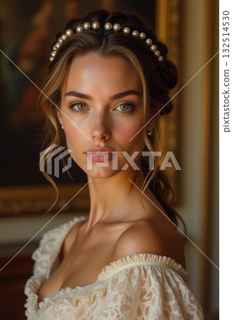Woman in lace dress staring intently 132514530