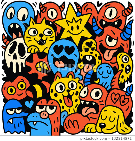 Colorful doodle art featuring happy cat, dog, monster, star, skull, and heart shapes playful 132514871