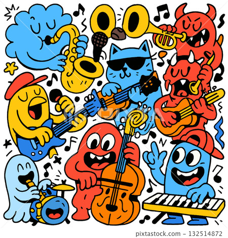 Colorful cartoon band with happy monsters playing saxophone, trumpet, guitar, bass, drums Colorful cartoon band with happy monsters playing saxophone, trumpet, guitar, bass, drums 132514872