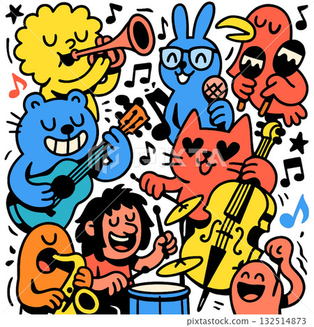 Colorful animal band playing music with joyful expressions, guitar, trumpet, cello, saxophone 132514873
