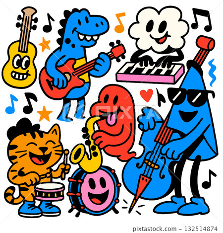 Cartoon animal band playing music with guitar, keyboard, saxophone, drum, and double bass 132514874