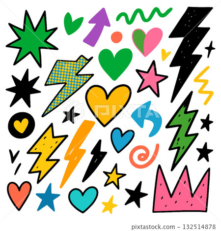 Colorful doodle shapes including hearts, stars, lightning bolts, and arrows on white background Colorful doodle shapes including hearts, stars, lightning bolts, and arrows on white background 132514878