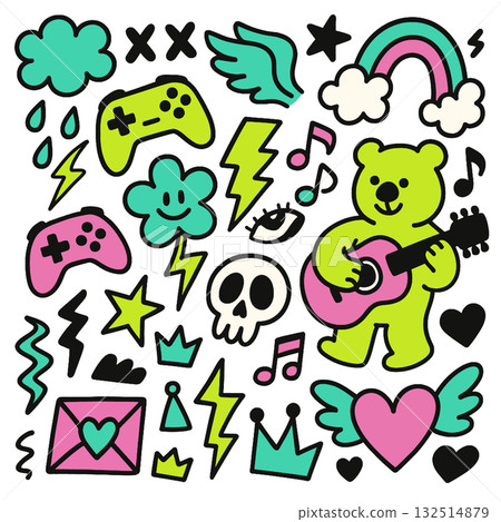 Cute bear playing guitar, colorful doodle icons, rainbow, hearts, stars, playful and cheerful 132514879