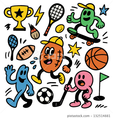 Sports cartoon characters trophy tennis skateboard football basketball soccer hockey fun Sports cartoon characters trophy tennis skateboard football basketball soccer hockey fun 132514881