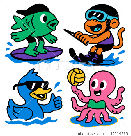 Cartoon fish surfing, monkey water skiing, duck swimming, octopus playing water polo 132514883