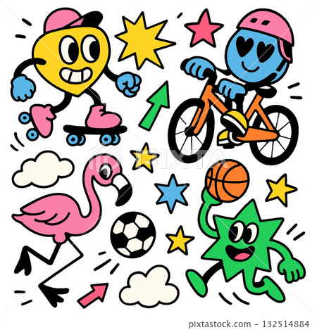 Colorful cartoon characters skating, cycling, playing basketball, and running with playful energy 132514884
