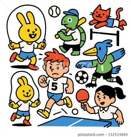 Children rabbit turtle cat bird playing sports cartoon colorful energetic happy fun 132514885