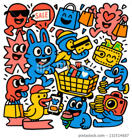 Happy cartoon animals shopping, holding bags, wallet, credit card, and enjoying retail therapy 132514887