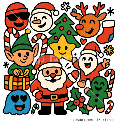 Santa Claus, elf, reindeer, Christmas tree, and candy cane in cheerful holiday cartoon style 132514888