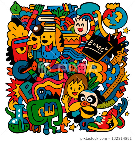 Colorful doodle art with cartoon character, book, globe, science, and playful school elements 132514891