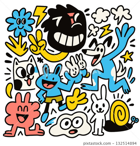 Playful doodle art with smiling cartoon animals, happy faces, peace signs, and energetic 132514894