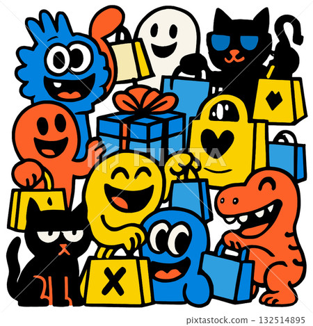 Colorful cartoon characters holding shopping bags, smiling, with gift box in center, joyful mood Colorful cartoon characters holding shopping bags, smiling, with gift box in center, joyful mood 132514895