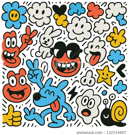 Playful doodle cartoon with smiling faces, peace signs, clouds, stars, and cheerful animals 132514897