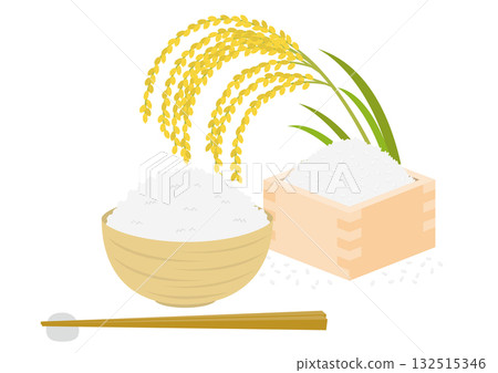Illustration of drooping rice ears, rice in a masu box, and white rice in a rice bowl Illustration of drooping rice ears, rice in a masu box, and white rice in a rice bowl 132515346