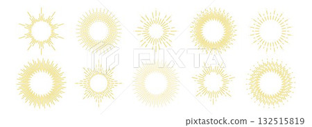 Golden sunburst frame collection. Retro gold radial sun light border set. Vintage royal sun beams or rays circle element pack for cadre, decor, label, badge, emblem. Vector yellow round boarder bundle Golden sunburst frame collection. Retro gold radial sun light border set. Vintage royal sun beams or rays circle element pack for cadre, decor, label, badge, emblem. Vector yellow round boarder bundle 132515819