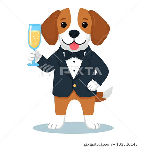 穿著燕尾服、手持香檳杯敬酒的小獵犬角色 1 / 傳單或海報 穿著燕尾服、手持香檳杯敬酒的小獵犬角色 1 / 傳單或海報 132516145