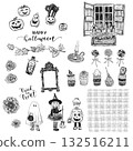 Halloween line drawing illustration set of ghosts and pumpkins (transparent PNG) 132516211