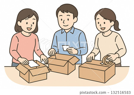 Employment support, vocational training, light work (cleaning, stickering, box packing) illustrations 132516583