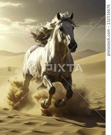 奔騰沙漠的白馬｜挑戰與自由的象徵 132516676