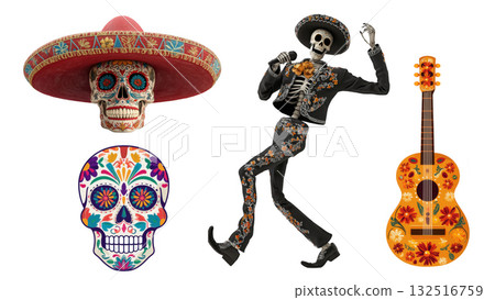 Colorful Day of the Dead decorations, created with AI, PNG 132516759