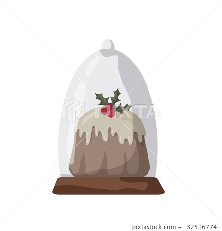 Decorative holiday dessert under glass dome with festive touches in a cozy setting 132516774