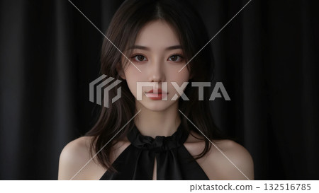 Long-haired woman in a black dress 132516785