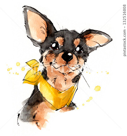 Hand-drawn watercolor illustration of a cute small dog wearing a yellow bandana 132516808