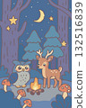 貓頭鷹和鹿晚上在森林裡相遇並去露營 132516839