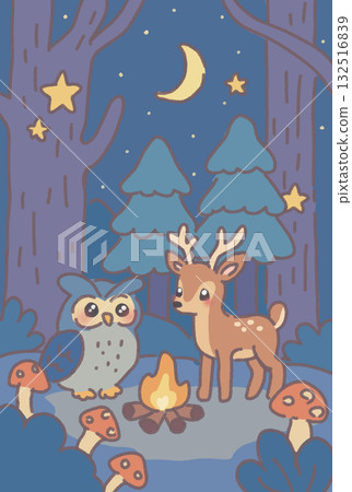 Owl and deer meet in the forest at night and go camping 132516839
