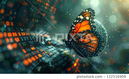 A colorful monarch butterfly with orange and black wings flies close-up on a flower in a summer garden 132516909