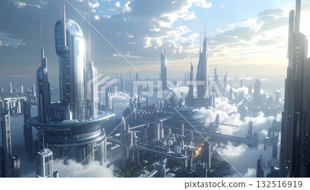 Aerial panoramic view of a foggy, urban skyline with skyscrapers and buildings in Shanghai, China 132516919