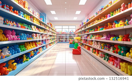 A woman pushes a shopping cart down a bright aisle while buying food in a grocery supermarket A woman pushes a shopping cart down a bright aisle while buying food in a grocery supermarket 132516941
