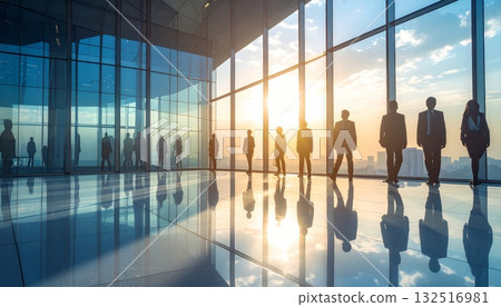Businessman silhouette walking through the glass hall of a modern airport building with a blur of people and city travel motion 132516981