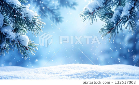 A snowy winter landscape with a decorated Christmas tree under a blue sky 132517008