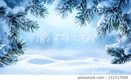 A snowy winter landscape with a decorated Christmas tree under a blue sky A snowy winter landscape with a decorated Christmas tree under a blue sky 132517009