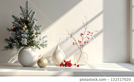 Romantic Christmas decoration and dinner table setting on a red background with candle light Romantic Christmas decoration and dinner table setting on a red background with candle light 132517020