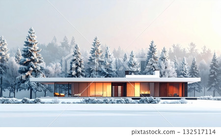 Old rural cottage nestled in a snowy winter landscape with bare trees and a white sky 132517114